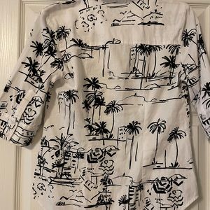 Black palm trees on white collared button up blouse